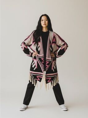 MACARON Black, Pink & Cream Aztec Fringe Cardigan